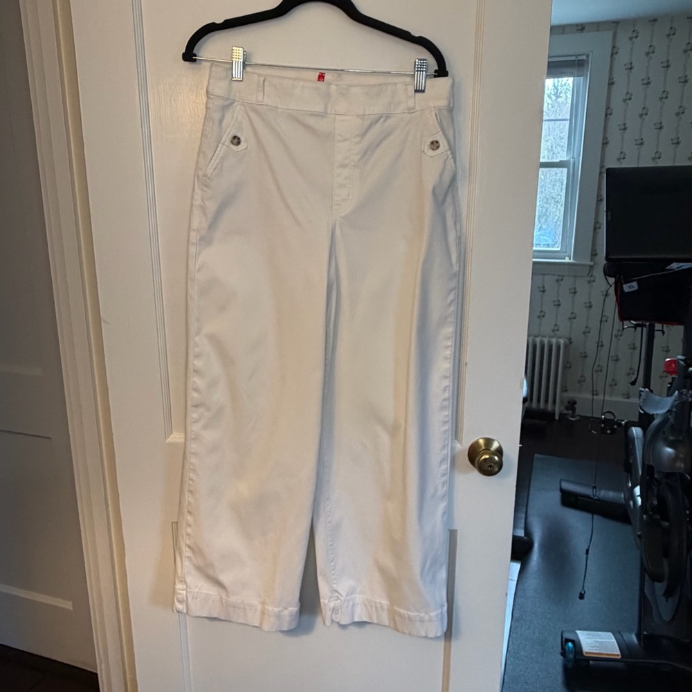 Spanx White Wide-Leg Twill Pants Button Accent High Rise Tall Size XL